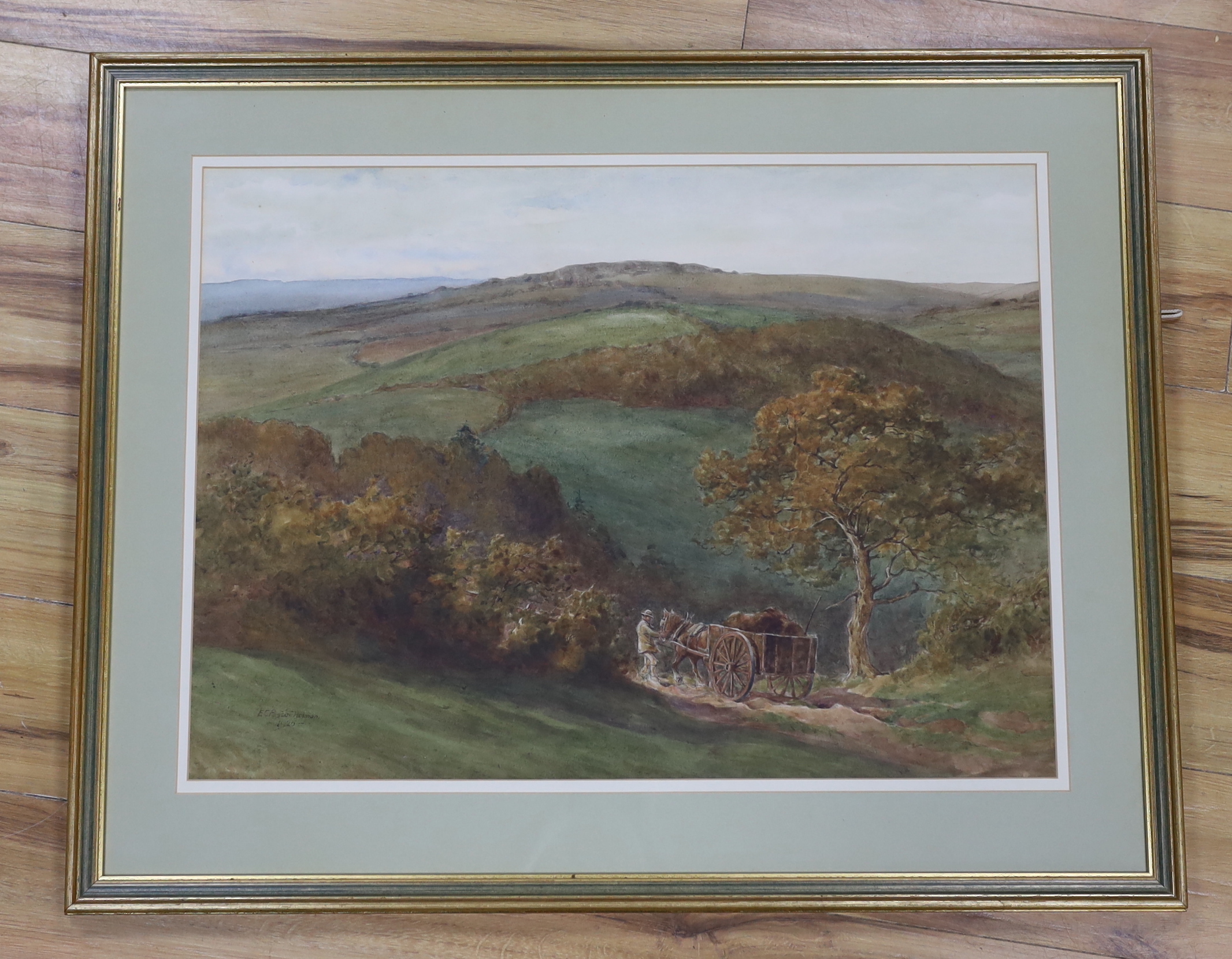 Edward Charles Pascoe Holman (1882-1955), watercolour, Extensive landscape with horse cart and figure, signed, dated 1926, 51 x 70cm